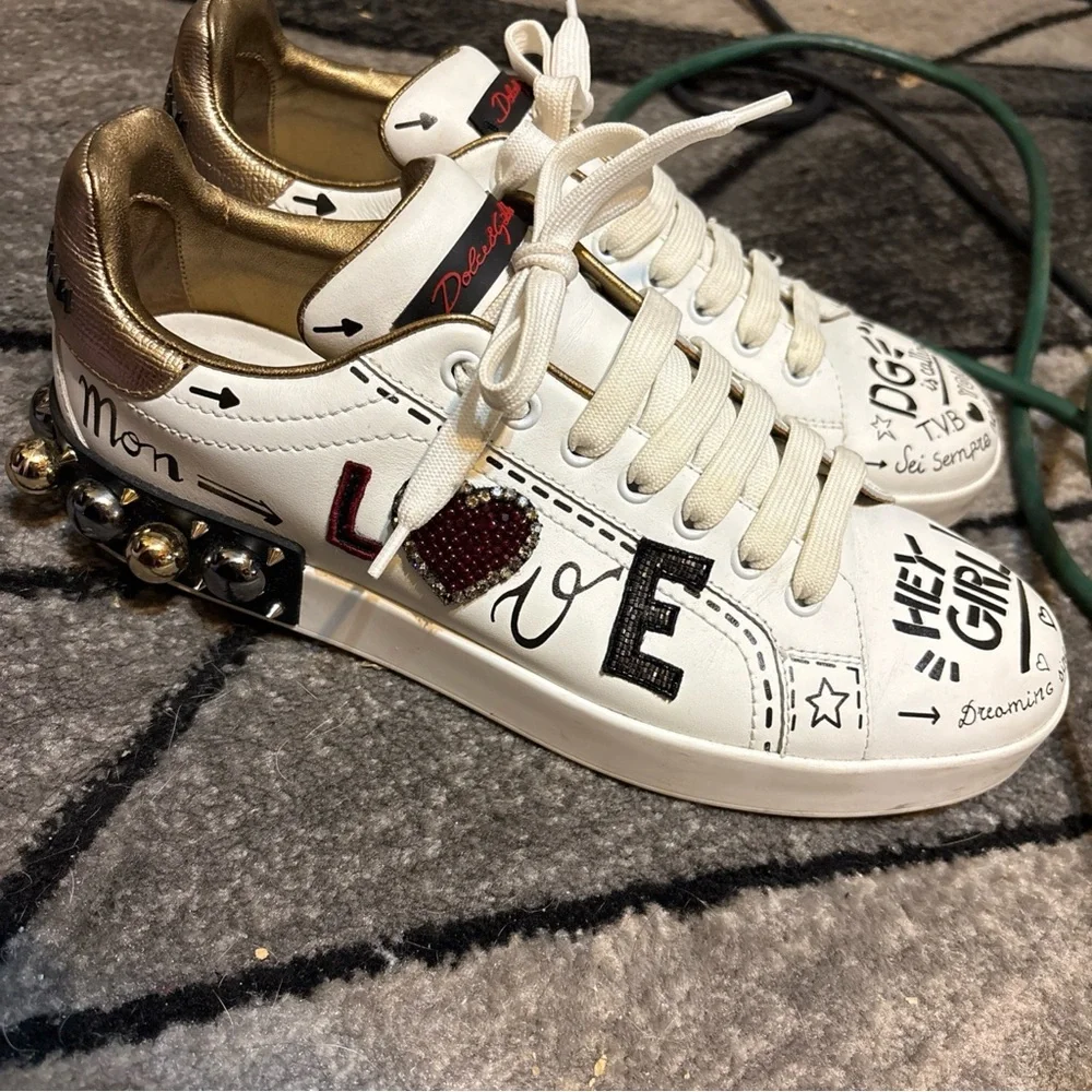 Dolce & Gabbana White Graphic Leather Lace-Up Sneakers with Red Heart - Picture 3 of 4
